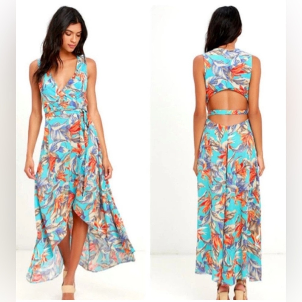 Lulu's Something to Believe In Turquoise Floral Print Wrap Hi-Low Dress ~ Size L